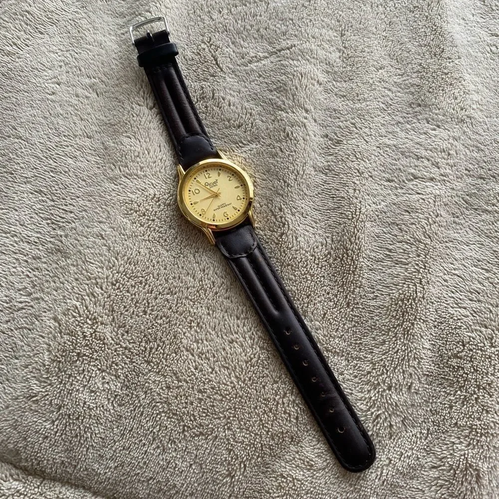 Acugi Japanese Gold Watch with Black Leather Strap